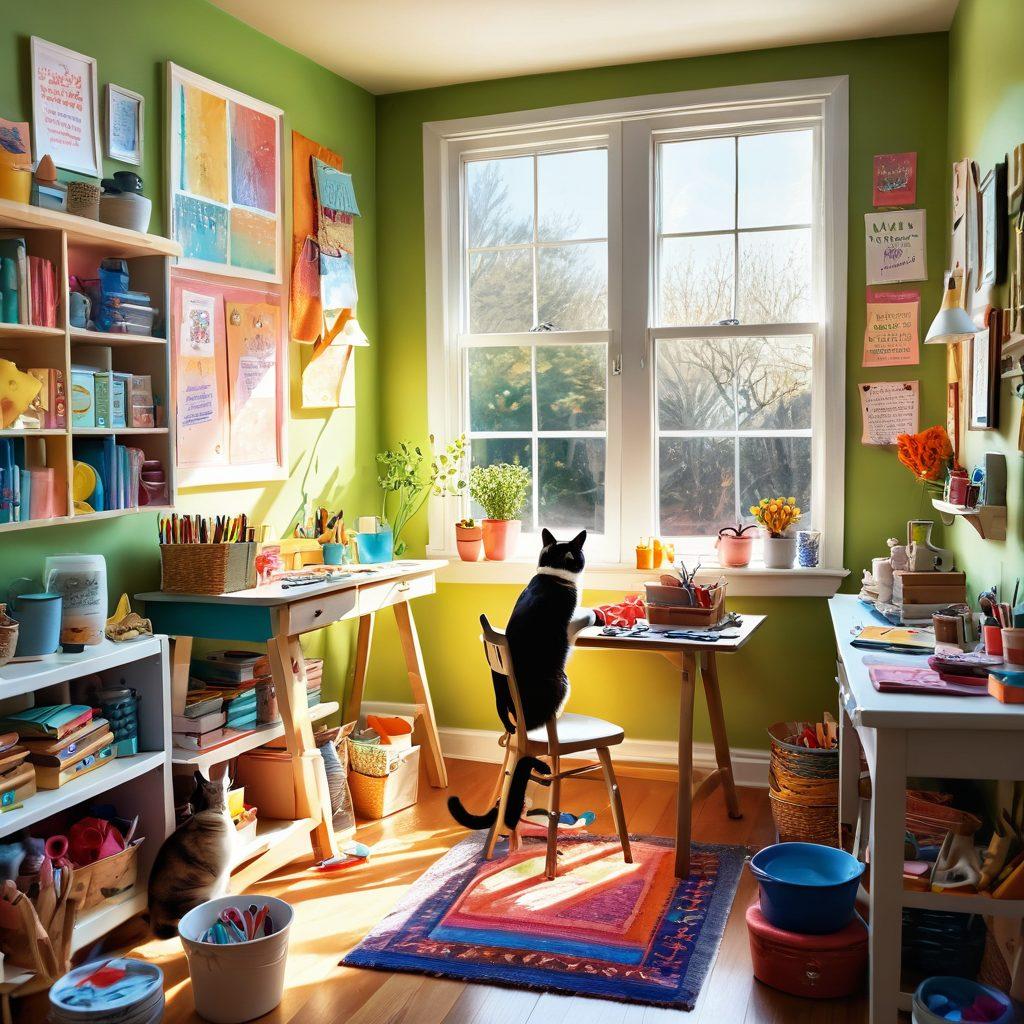 A whimsical scene of a cozy craft room filled with colorful supplies, sunlight streaming through the window, showing a person joyfully painting and creating. Surrounding them are inspirational quotes on the walls, vibrant handmade decorations, and a friendly cat curiously observing. Emphasize a playful and inviting atmosphere, full of creativity and happiness. soft illustration. vibrant colors. cozy ambiance.