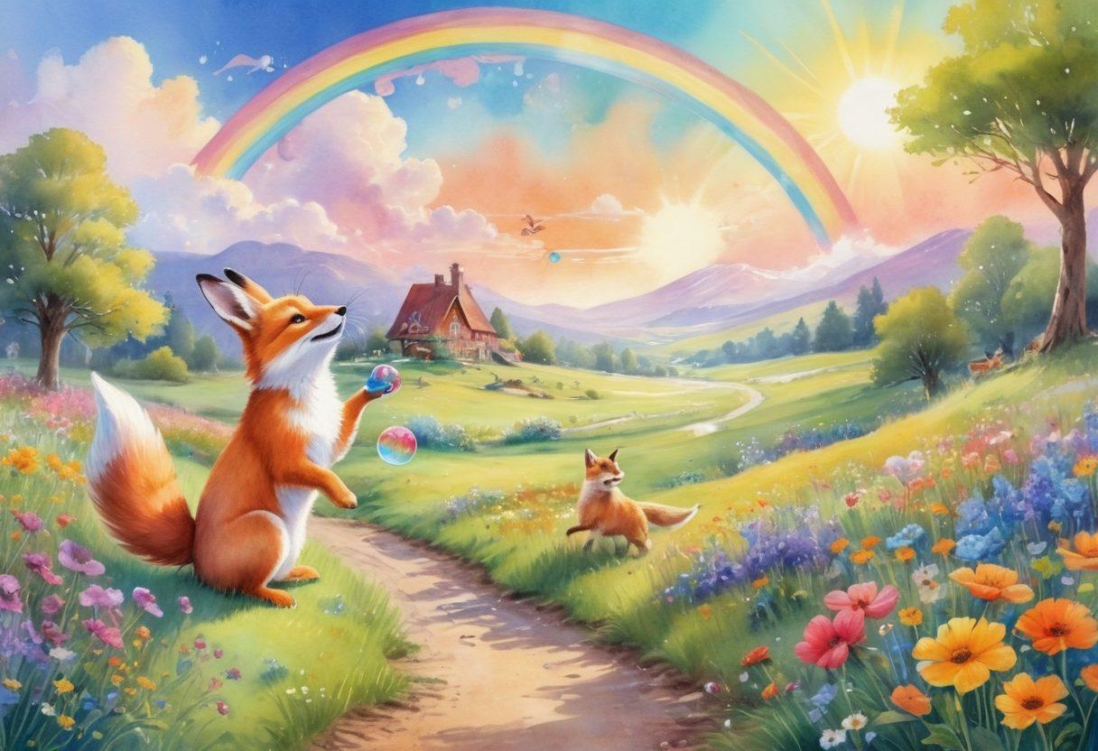 A vibrant scene depicting a whimsical landscape with playful animals engaging in joyful activities, such as a rabbit painting a rainbow and a fox blowing bubbles. In the background, a sun-drenched meadow with blooming flowers and children laughing, embodying the essence of carefree living. Soft pastel colors filled with happiness and lightness enveloping the scene, inviting viewers to embrace joyful moments. watercolor style. bright colors. cheerful atmosphere.