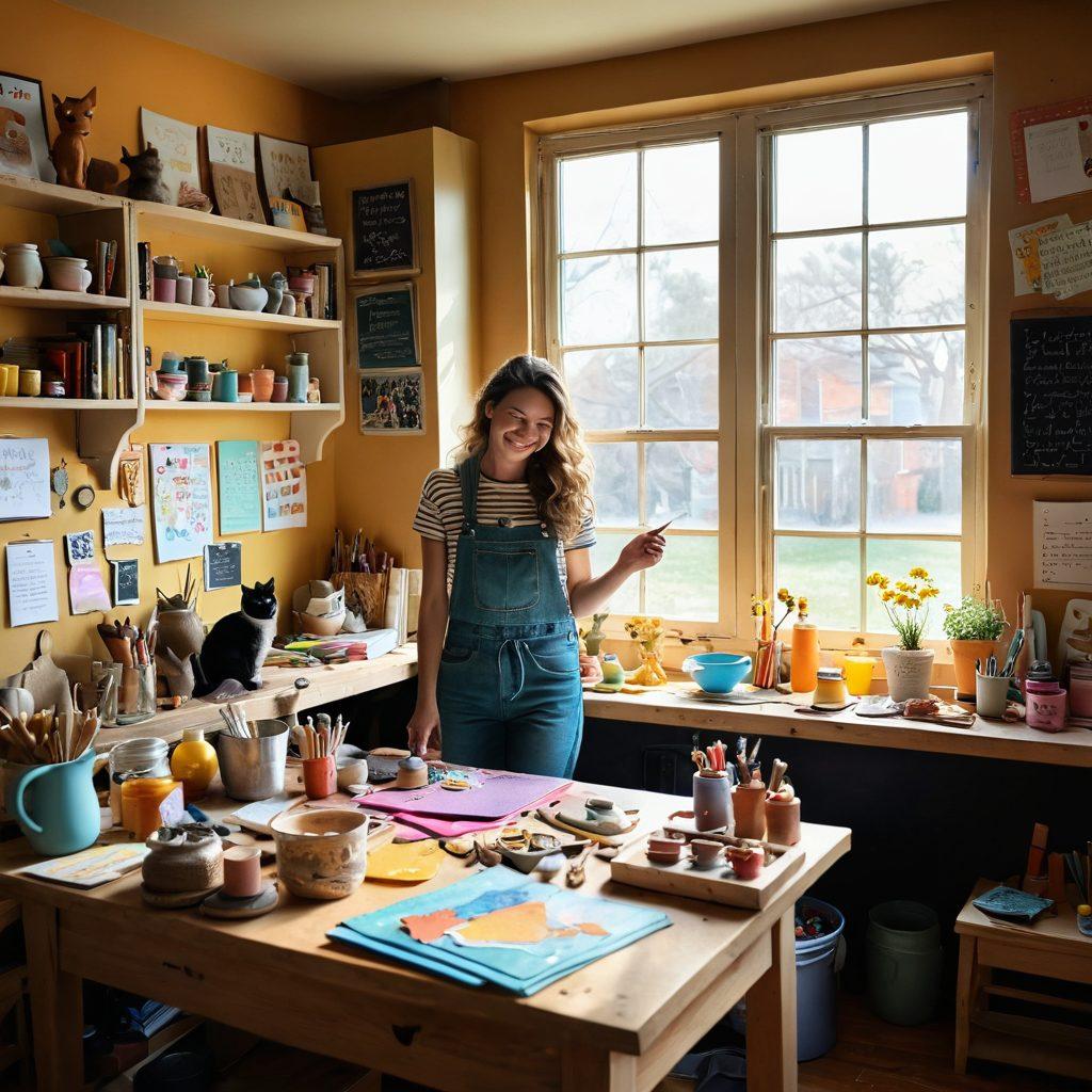 A whimsical scene showcasing a cozy workshop filled with colorful crafts, laughter, and creativity. A person joyfully creating art with friends, surrounded by vibrant materials, smiling faces, and playful cats. Sunlight streaming through a window, casting a warm glow on a chalkboard with inspiring quotes about happiness and witty living. The atmosphere is cheerful, inviting, and full of positive energy. vibrant colors. cheerful illustration.